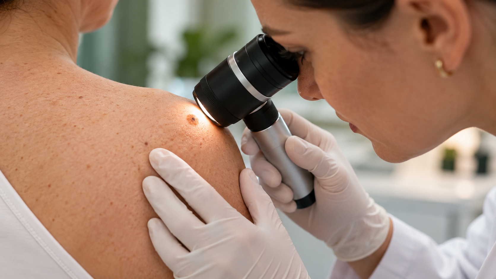 Dermatologista realizando exame de dermatoscopia